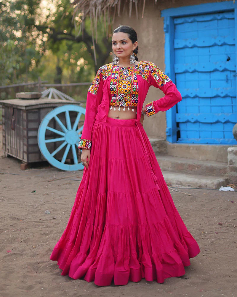 RANI PINK COLOR RAYON EMBROIDERED NAVRATRI LEHENGA CHOLI