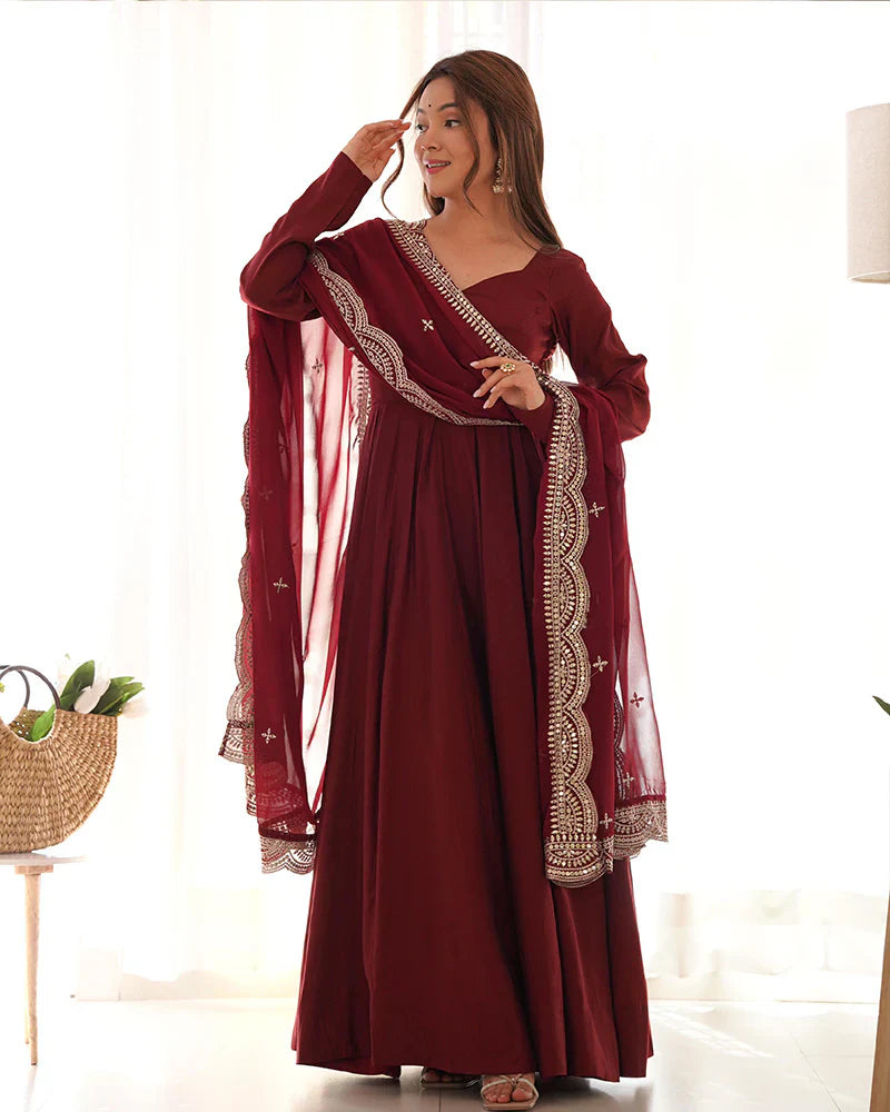 BEAUTIFUL MAROON COLOR PURE CHANDERI SILK THREE PIECE ANARKALI SUIT