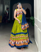 PARROT GREEN AND BLUE COLOR PURE COTTON NAVRATRI LEHENGA CHOLI