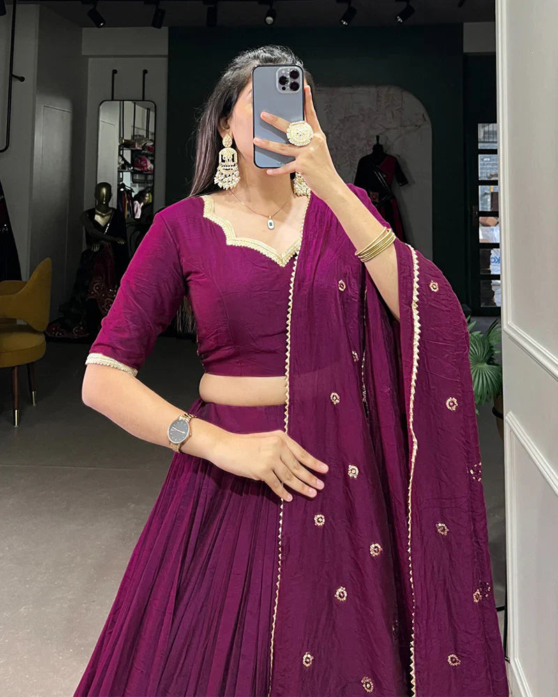 WINE COLOR PURE CHANDERI PLAIN NAVRATRI LEHENGA CHOLI
