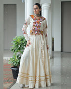 ELEGANT OFF WHITE KORA COTTON MIRROR WORK NAVRATRI LEHENGA CHOLI