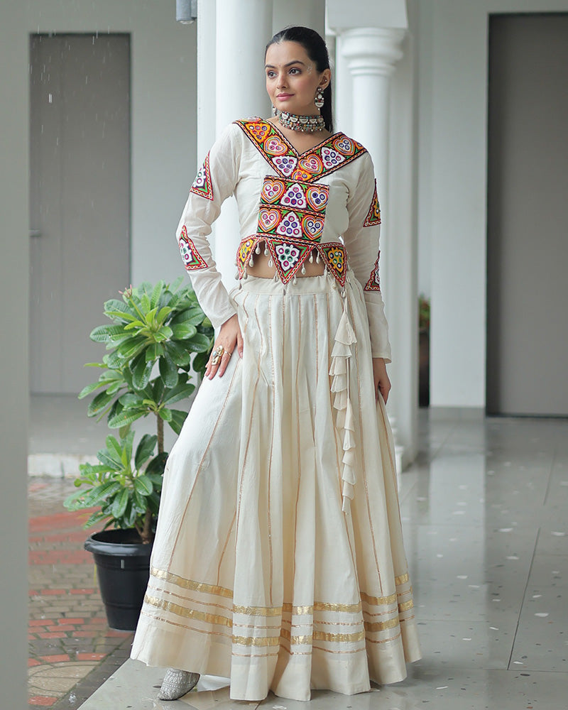 ELEGANT OFF WHITE KORA COTTON MIRROR WORK NAVRATRI LEHENGA CHOLI