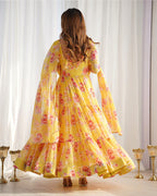 YELLOW COLOR GEORGETTE THREE LAYER RUFFLE STYLE ANARKALI SUIT
