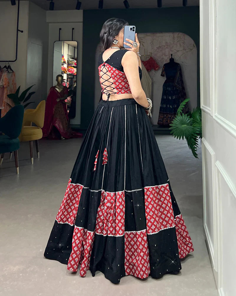 DESIGNER MAROON AND BLACK COLOR COTTON PRINTED LEHENGA CHOLI