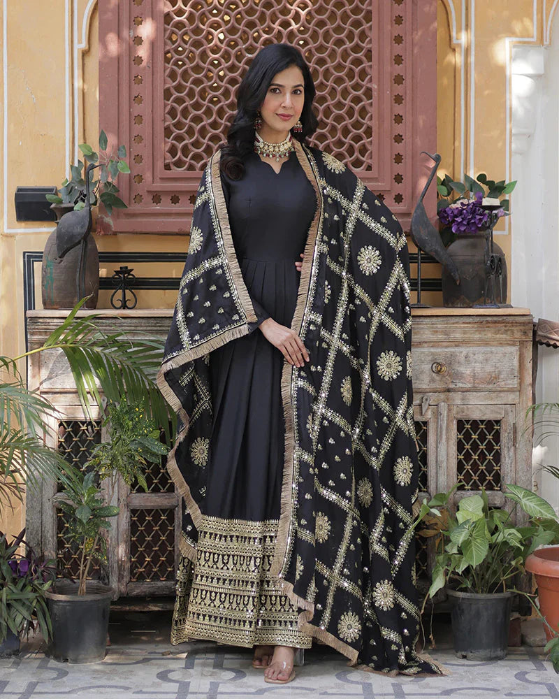 BLACK COLOR STAR GEORGETTE FABRIC BASE EMBROIDERED SEQUENCE WORK GOWN WITH DUPATTA