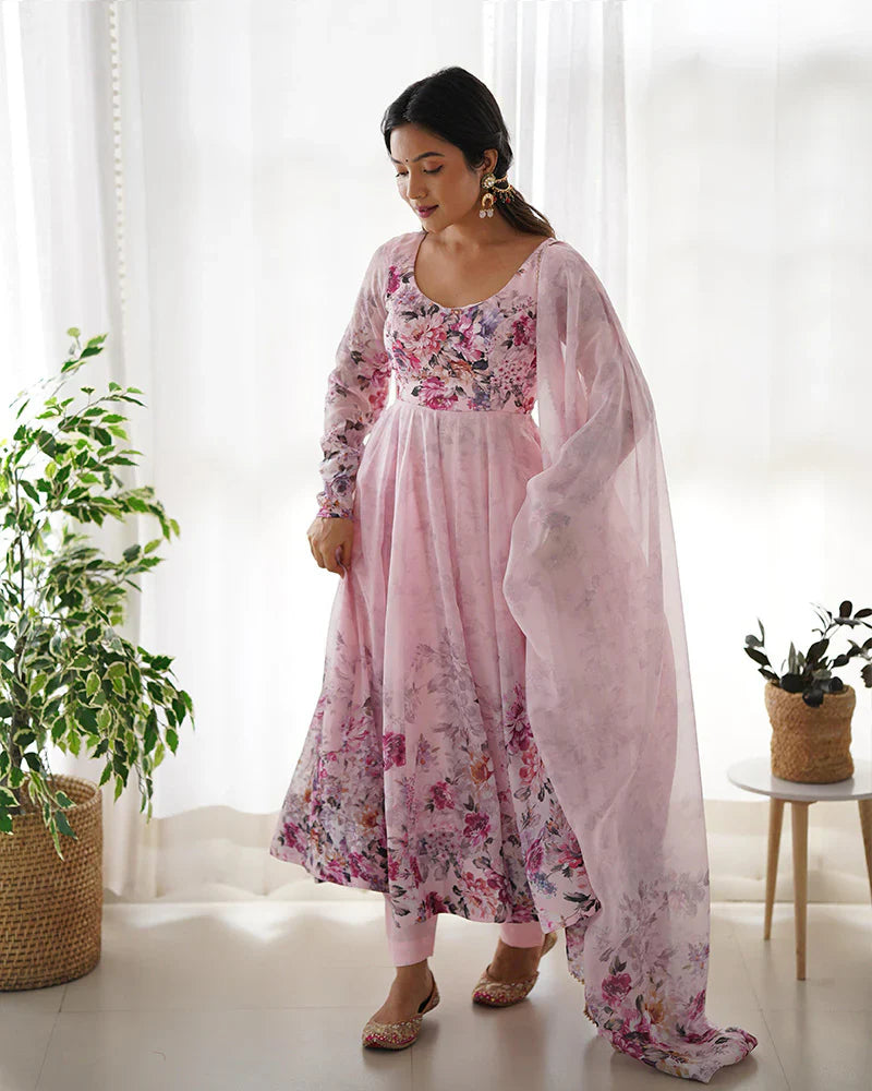 BABY PINK COLOR FLORAL PRINT ORGANZA THREE PIECE ANARKALI SUIT