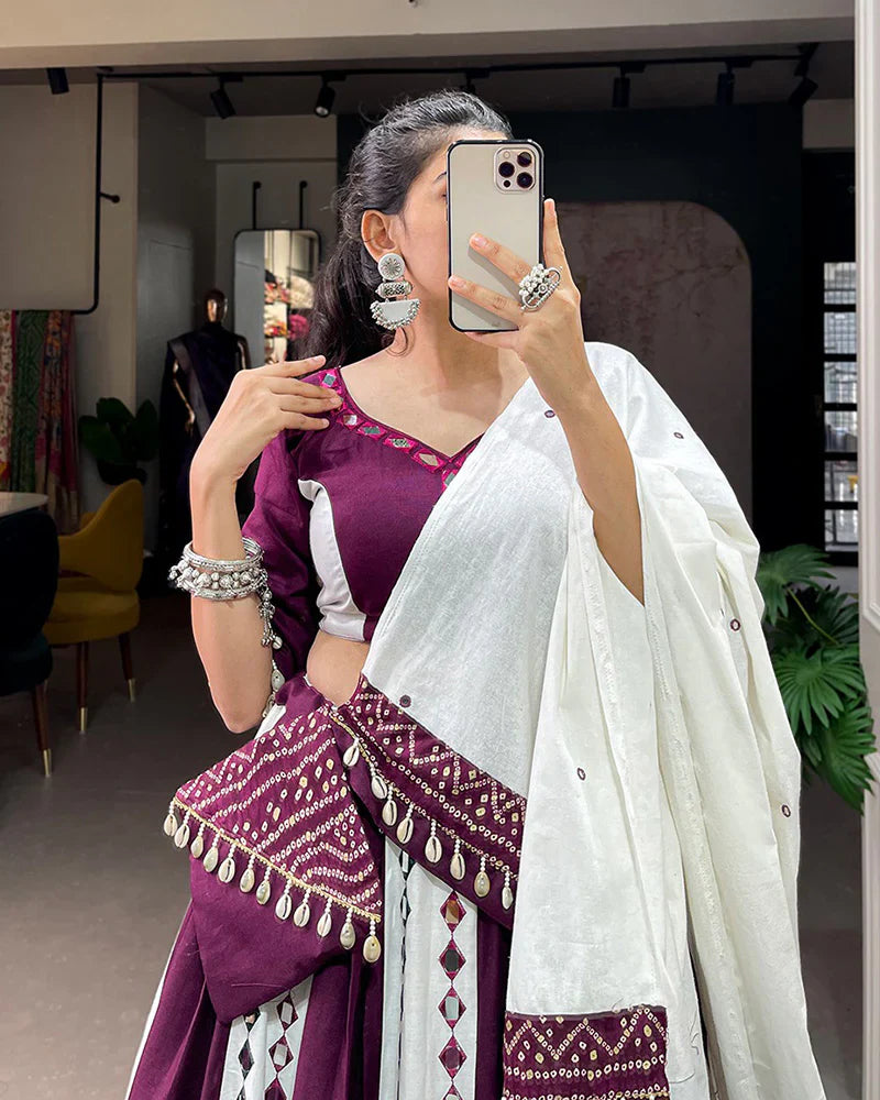 WHITE AND WINE COLOR COTTON NAVRATRI LEHENGA CHOLI