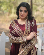DARK MAROON COLOR VICHITRA SHIMMER SEQUENCE EMBROIDERED BRIDAL GOWNWITH DUPATTA