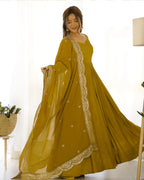BEAUTIFUL MUSTARD COLOR PURE CHANDERI SILK THREE PIECE ANARKALI SUIT
