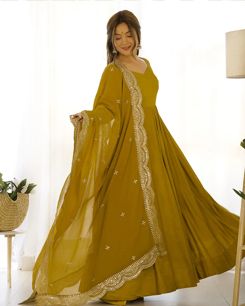 BEAUTIFUL MUSTARD COLOR PURE CHANDERI SILK THREE PIECE ANARKALI SUIT