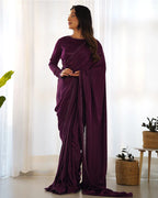 WINE COLOR MARBLE VELVET PRE DRAPPED SAREE