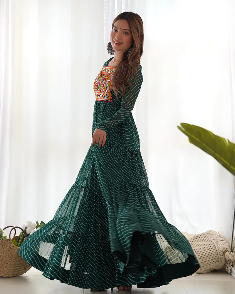 GREEN COLOR GEORGETTE LAHERIYA PRINT NAVRATRI GOWN