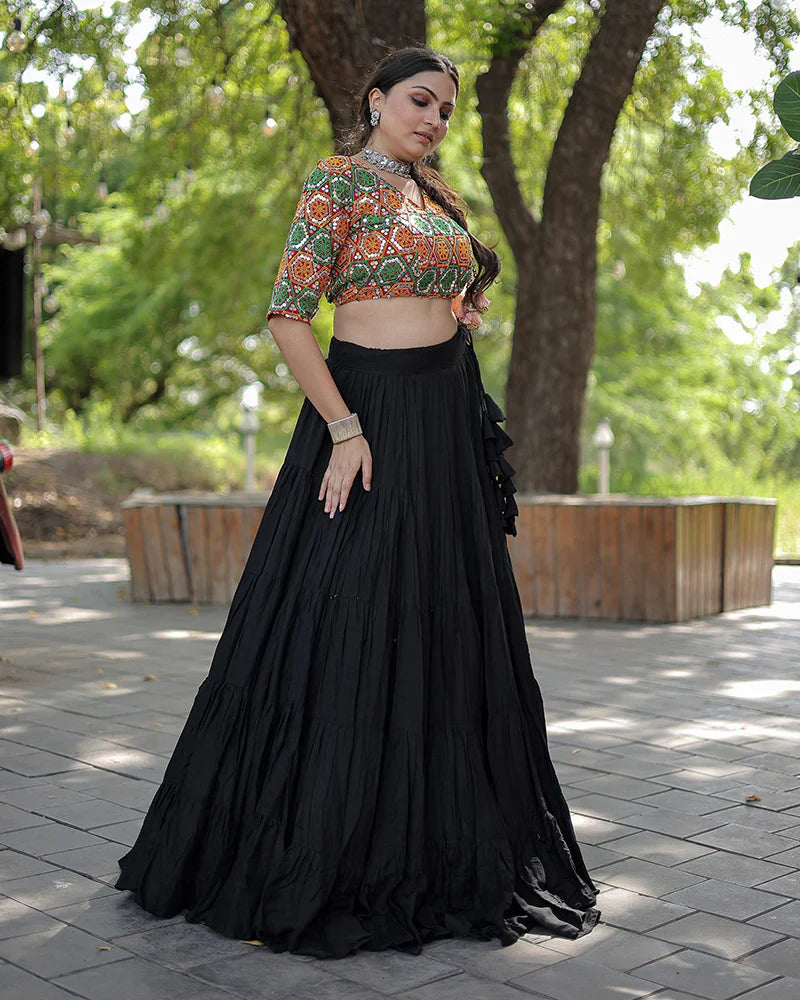 BLACK COLOR RAYON FULL FLAIR NAVRATRI LEHENGA CHOLI