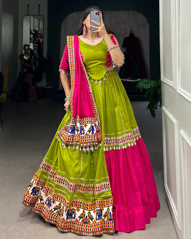 PINK AND PARROT COMBINATION COLOR COTTON NAVRATRI LEHENGA CHOLI