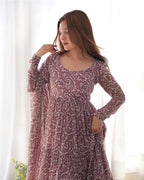 BROWN COLOR SOFT GEORGETTE RUFFLE STYLE ANARKALI SUIT