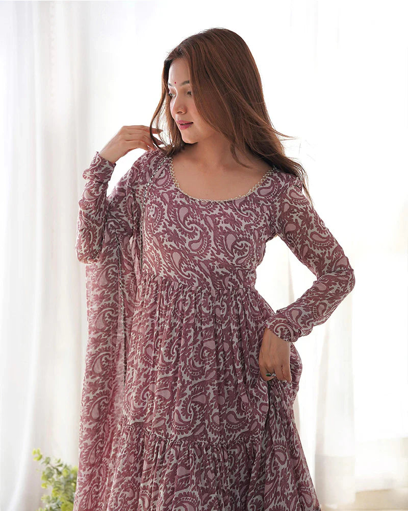 BROWN COLOR SOFT GEORGETTE RUFFLE STYLE ANARKALI SUIT