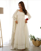 BEAUTIFUL WHITE COLOR PURE CHANDERI SILK THREE PIECE ANARKALI SUIT