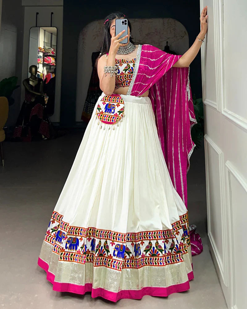 WHITE COLOR RAYON GAMTHI WORK NAVRATRI LEHENGA CHOLI