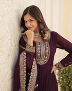 WINE COLOR FAUX BLOOMING RICH SEQUENCE EMBROIDERED GOWN