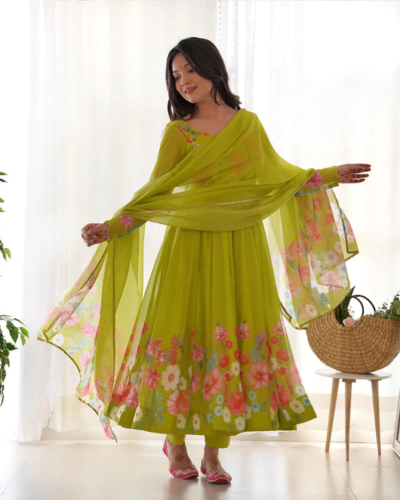 NEON COLOR FLORAL PRINT ORGANZA THREE PIECE ANARKALI SUIT