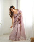 LIGHT DUSTY MAUVE COLOR TISSUE SILK PRE DRAPPED SAREE