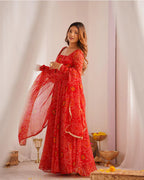 RED COLOR BANDHEJ PRINT SOFT CHIFFON ANARKALI SUIT SET OF 3