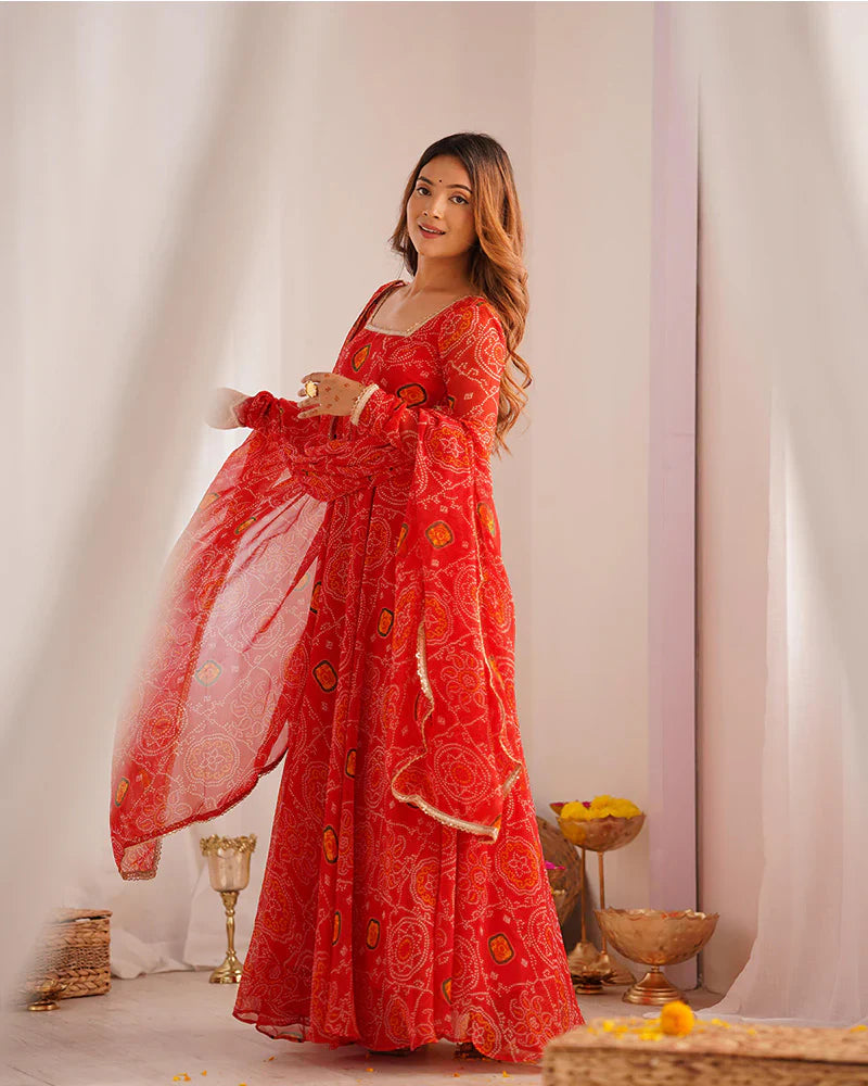 RED COLOR BANDHEJ PRINT SOFT CHIFFON ANARKALI SUIT SET OF 3