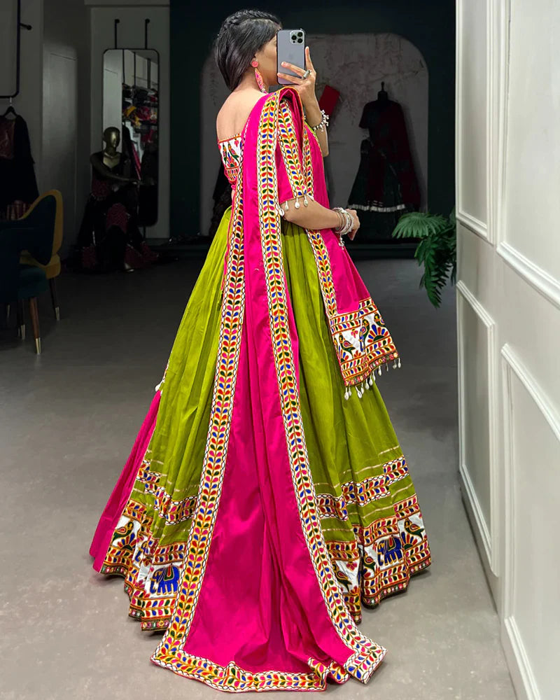 PINK AND PARROT COMBINATION COLOR COTTON NAVRATRI LEHENGA CHOLI