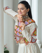 ELEGANT OFF WHITE KORA COTTON MIRROR WORK NAVRATRI LEHENGA CHOLI