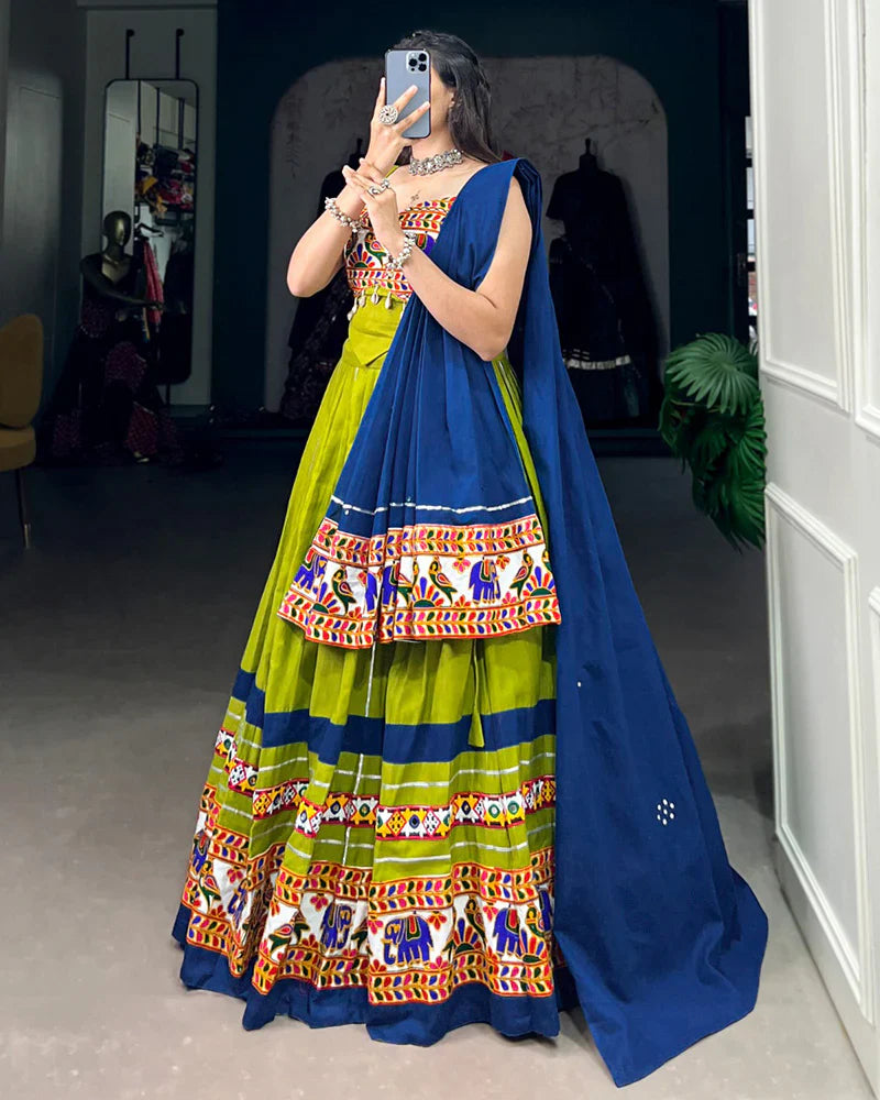 PARROT GREEN AND BLUE COLOR PURE COTTON NAVRATRI LEHENGA CHOLI