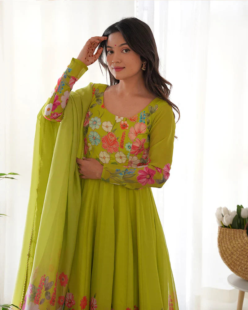 NEON COLOR FLORAL PRINT ORGANZA THREE PIECE ANARKALI SUIT
