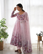 BABY PINK COLOR FLORAL PRINT ORGANZA THREE PIECE ANARKALI SUIT