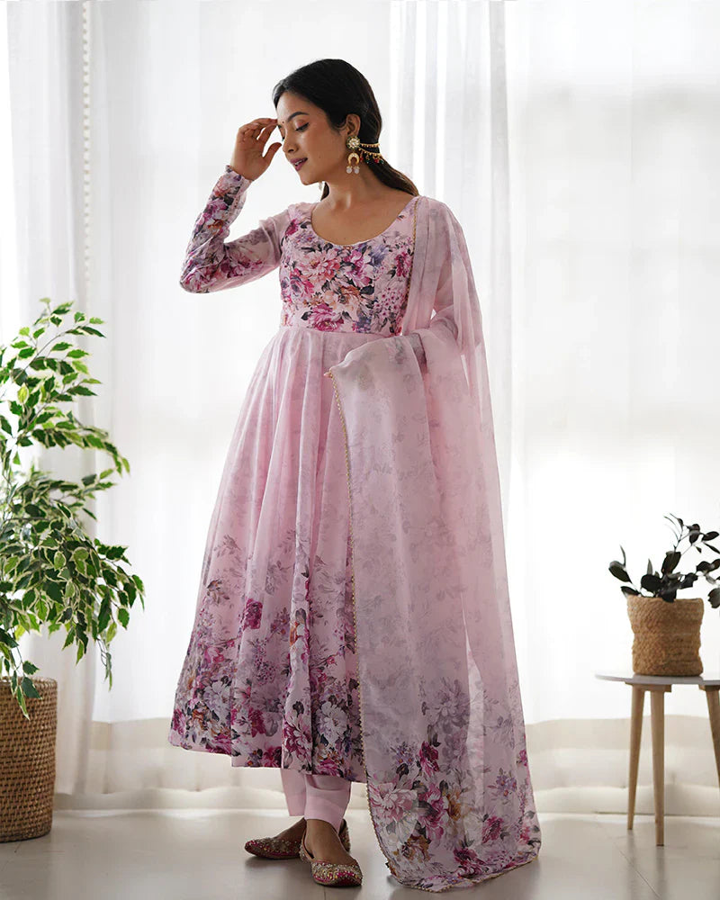 BABY PINK COLOR FLORAL PRINT ORGANZA THREE PIECE ANARKALI SUIT