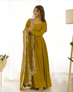 BEAUTIFUL MUSTARD COLOR PURE CHANDERI SILK THREE PIECE ANARKALI SUIT