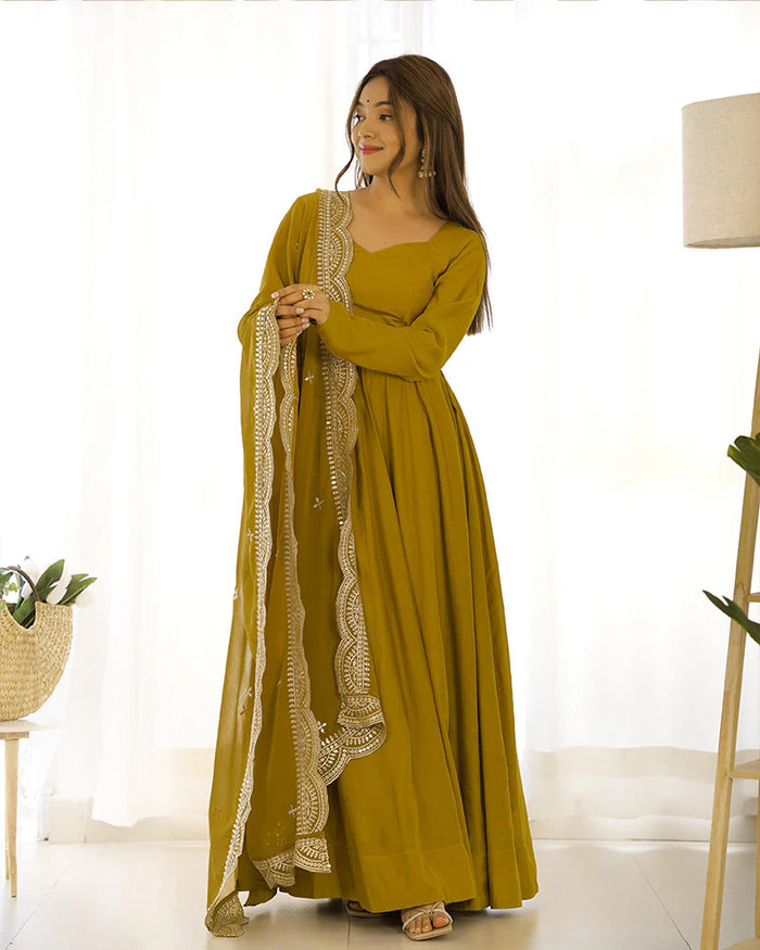 BEAUTIFUL MUSTARD COLOR PURE CHANDERI SILK THREE PIECE ANARKALI SUIT
