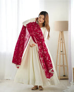 WHITE COLOR SOFT VICHITRA SILK ANARKALI WITH RANI PINK DUPATTA