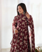 DARK MAROON COLOR GEORGETTE BASE ANARKALI SUIT SET OF 3