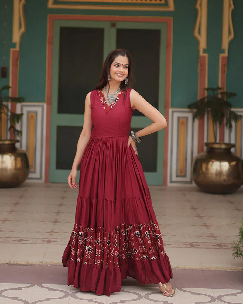 MAROON COLOR REYON PRINTED NAVRATRI GOWN