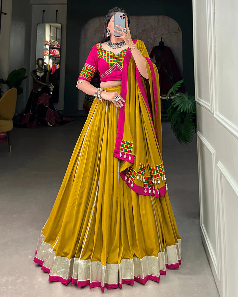 MUSTARD COLOR PURE RAYON NAVRATRI LEHENGA CHOLI