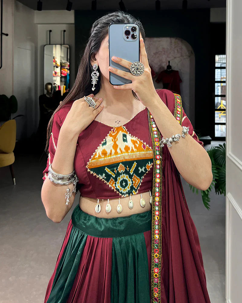 GREEN COLOR RAYON PRINTED NAVRATRI LEHENGA CHOLI