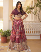 WINE COLOR DESIGNER RUSSIAN SILK EMBROIDERY CROP TOP LEHENGA CHOLI