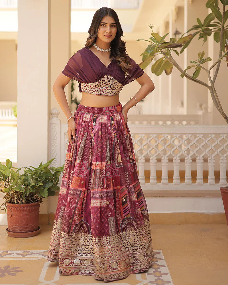 WINE COLOR DESIGNER RUSSIAN SILK EMBROIDERY CROP TOP LEHENGA CHOLI