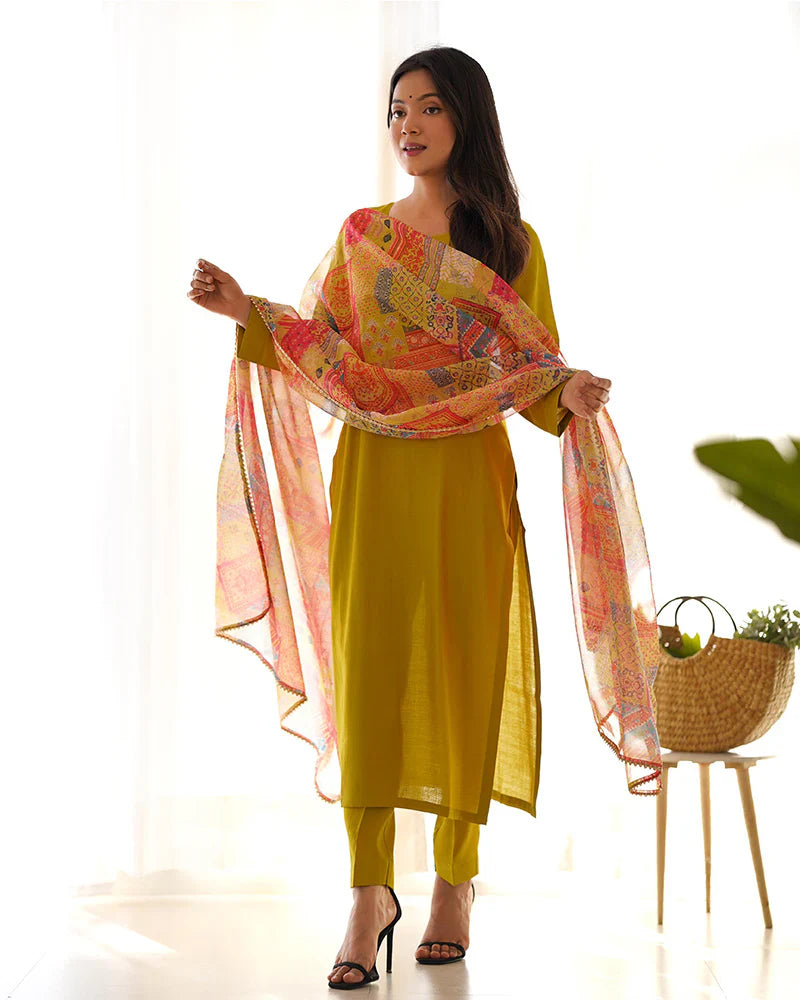 YELLOW COLOR VISCOSE READY TO WEAR THREE PIECE KURTI SUIT