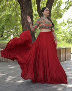 RED COLOR RAYON FULL FLAIR NAVRATRI LEHENGA CHOLI