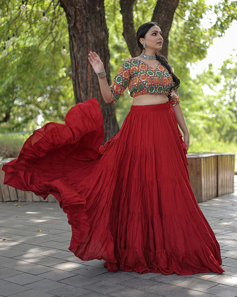 RED COLOR RAYON FULL FLAIR NAVRATRI LEHENGA CHOLI