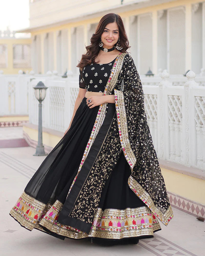 BLACK COLOR GEORGETTE SEQUENCE EMBROIDERED LEHENGA CHOLI