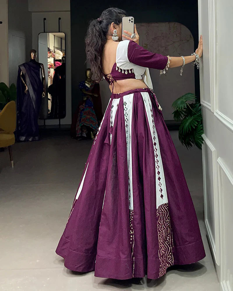 WHITE AND WINE COLOR COTTON NAVRATRI LEHENGA CHOLI