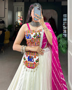 WHITE COLOR RAYON GAMTHI WORK NAVRATRI LEHENGA CHOLI