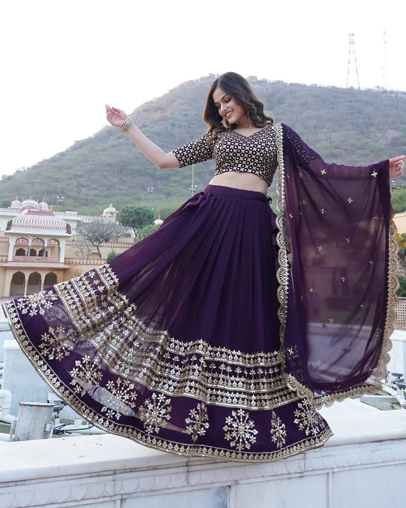DESIGNER SEQUENCE EMBROIDERY WORK GEORGETTE LEHENGA CHOLI IN WINE COLOR