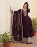 WINE COLOR FAUX BLOOMING RICH SEQUENCE EMBROIDERED GOWN